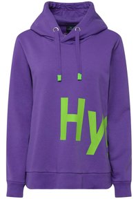 Paars hoodie met een trekkoordcapuchon, voorzien van groene tekst op de voorkant. Zachte stof, ribbelmanchetten en zoom, met een casual pasvorm.