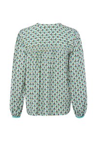 Blouse à manches longues en tissu bleu clair avec un motif répétitif de cercles verts et jaunes, dotée de fronces au dos.