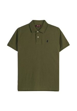 Polo verde oliva a manica corta con due bottoni frontali e piccolo logo scuro sul petto sinistro.