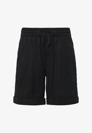 Shorts noirs avec une taille élastique et un cordon de serrage ajustable, présentant des ourlets roulés et un tissu lisse et léger. Pas de poches visibles.