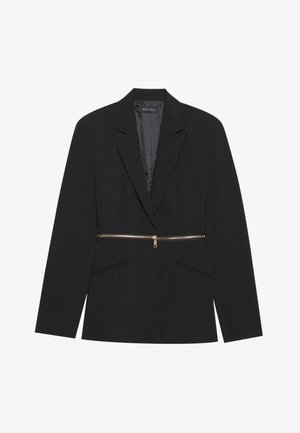 Czarna marynarka wykonana z gładkiego materiału, z detalem w postaci zamka błyskawicznego w talii, klapami oraz dwiema przednimi kieszeniami.