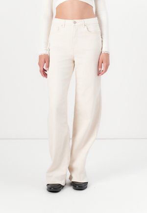 Light beige wide-leg jeans with a high waist, crafted from denim, featuring front pockets and a metal button closure.