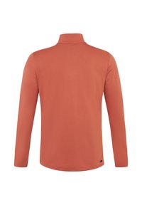 Langsleeve pullover in een baksteenrode kleur, gemaakt van een gladde stof met een opstaande kraag en een rechte zoom, zonder zichtbare patronen of versieringen.