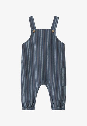 Dryžuotos mėlynos ir rudos spalvos kombinezonas mažyliui su užsegamais petnešomis ir šonine kišene, elastingi rankogaliai prie kulkšnių.