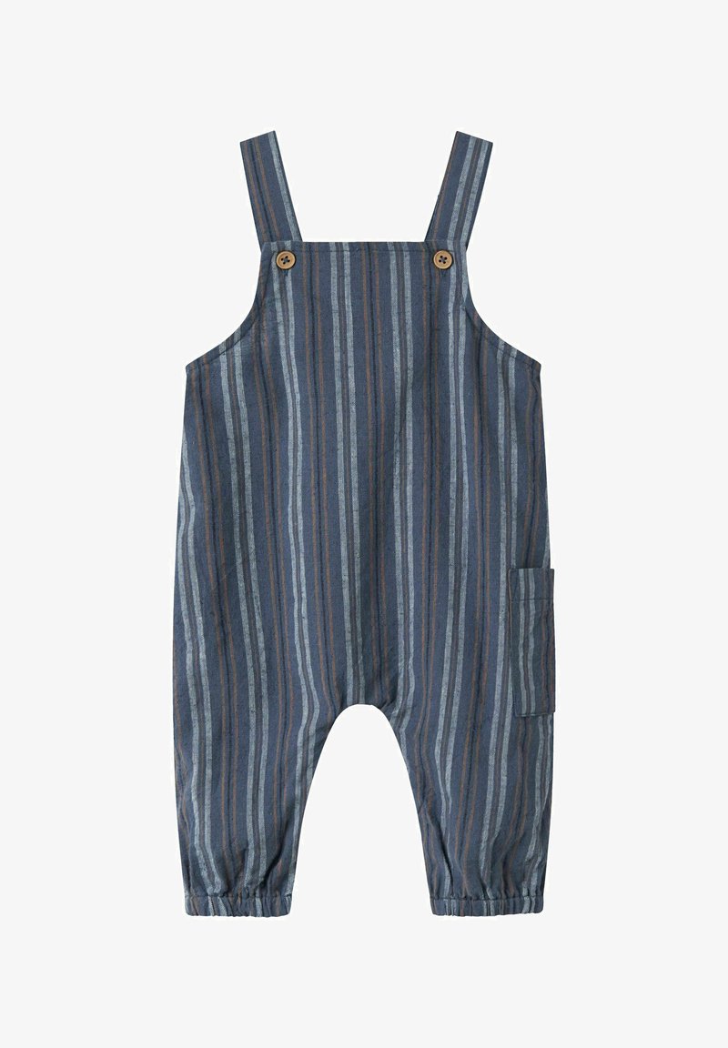 Salopette rayée bleue et marron pour tout-petit, avec bretelles boutonnées aux épaules et une poche latérale, poignets élastiques aux chevilles.