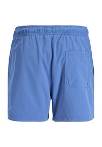 Shorts de bain bleus pour hommes avec taille élastique et une seule poche sur le côté droit.