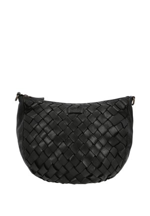 Borsa a mano in pelle nera a forma di mezzaluna con motivo intrecciato e chiusura con cerniera nella parte superiore.