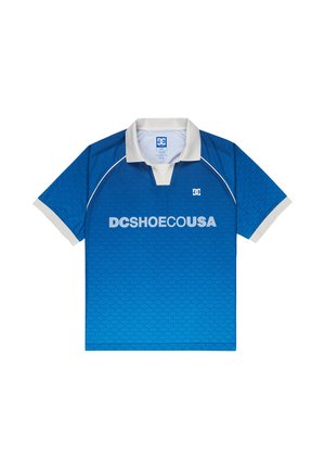 Blaues Poloshirt mit einem strukturierten Muster, weißen Akzenten und dem DC Shoes Logo auf der Vorderseite. Kurzärmlig mit kontrastierendem Kragen.