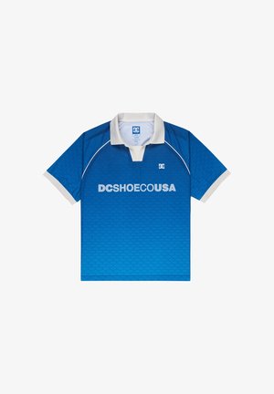 Blaues Poloshirt mit einem strukturierten Muster, weißen Akzenten und dem DC Shoes Logo auf der Vorderseite. Kurzärmlig mit kontrastierendem Kragen.