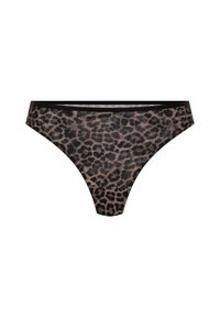 Bikini donji dio s leopard uzorkom izrađen od mekanog, rastezljivog materijala, s crnim pojasom i klasičnim niskim rezom.