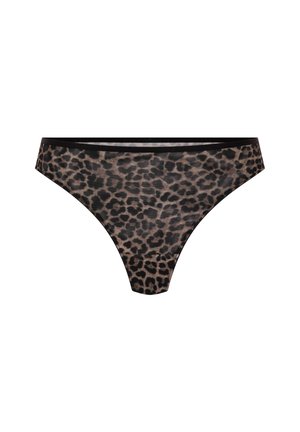 Costume da bagno a slip con stampa leopardata, realizzato in tessuto morbido ed elasticizzato, con una vita nera e un taglio classico a vita bassa.