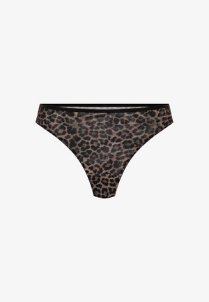 Leopard print bikini bottom made of soft, stretchy fabric, featuring a black waistband and a classic low-rise cut.