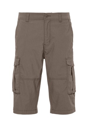 Braune knielange Cargo-Shorts mit Knopf- und Reißverschluss, Gürtelschlaufen, vorderen Taschen und seitlichen Klappentaschen.