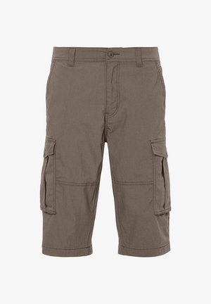 Braune knielange Cargo-Shorts mit Knopf- und Reißverschluss, Gürtelschlaufen, vorderen Taschen und seitlichen Klappentaschen.