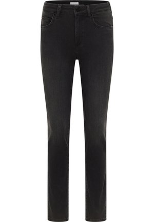 Czarne jeansy z denimu o wąskim kroju, wyposażone w przednie kieszenie, zamek błyskawiczny oraz klasyczny układ pięciu kieszeni. Gładka tekstura i minimalistyczne detale.