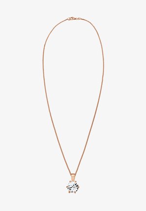 Halskette aus Roségold mit einem großen, runden klaren Kristallanhänger, der in einer eleganten Krappenfassung sitzt. Zarte Textur auf der Kette.