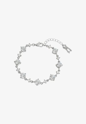 Silver-tone bracelet featuring multiple clear faceted crystals in varying sizes, linked by delicate chain segments with a lobster clasp closure.