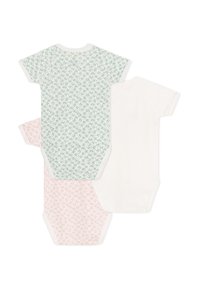 Set van drie babysweaters: één witte, één met groen bloemenpatroon en één met roze bloemenpatroon, allemaal met korte mouwen en ronde hals.