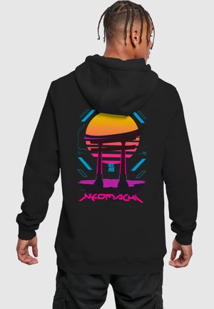 Black hoodie featuring a vibrant graphic of a torii gate, sunset, and the text "NEOMACHI" in pink, with blue accents on the design.