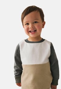 Let sweatshirt i letvægtsdesign med en hvid topsektion, grå ærmer og en beige undersektion, lavet af blødt bomuldsstof.