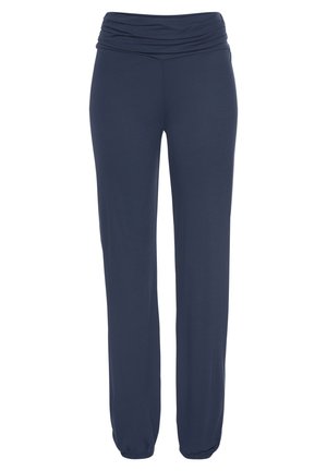 Marineblaue, weit geschnittene Hosen mit einem gerafften Bund. Aus weichem, dehnbarem Stoff mit glatter Textur und elastischen Bündchen an den Knöcheln.