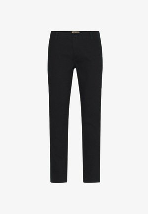 Black pants made of a smooth fabric, featuring a straight-leg cut, front pockets, a button closure, and a subtle stitching detail.