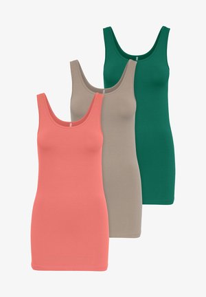 Three tank tops in coral, beige, and green. Made of soft cotton, featuring a scoop neckline and form-fitting design.