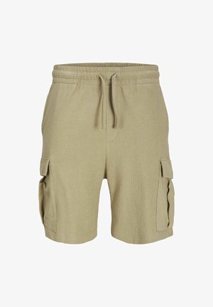 Khaki cargo šortky vyrobené z měkké tkaniny, s elastickým pasem, stahovací šňůrkou a bočními kapsami s klopou.