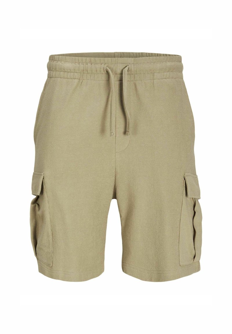 Khaki szorty cargo wykonane z miękkiego materiału, z elastycznym pasem, sznurkiem do regulacji oraz bocznymi kieszeniami z naszywką.