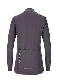 Vue arrière d'un maillot de cyclisme à manches longues gris foncé avec trois poches inférieures et le texte « ENDURANCE » sur la poche gauche, bande réfléchissante sous les poches.