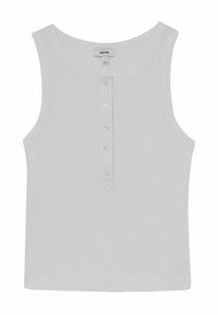 Weißes geripptes Tanktop mit rundem Ausschnitt, fünf Vorderknöpfen und geradem Saum. Verfügt über einen strukturierten Stoff für mehr Komfort.
