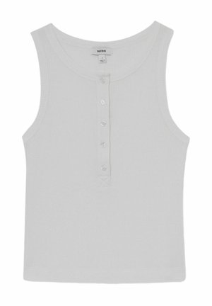 Top alb din bumbac cu dungi, cu decolteu rotund, cinci nasturi pe partea din față și un tiv drept. Prezintă un material texturat pentru confort.