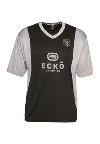 Maillot de sport à manches courtes noir et gris avec un col en V, arborant le logo "ECKŌ UNLIMITED" et un design d'épaule contrasté.