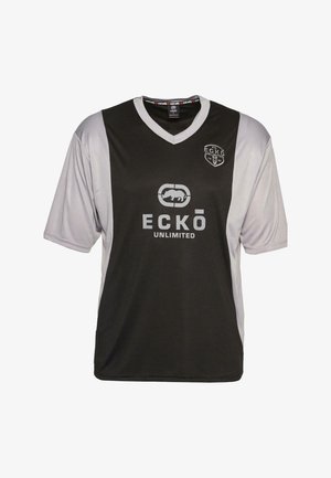 Czarny i szary sportowy podkoszulek z krótkim rękawem i dekoltem w kształcie litery V, z logo "ECKŌ UNLIMITED" oraz kontrastowym wzorem na ramionach.
