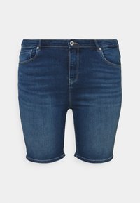 Sötétkék farmer rövidnadrág, öt zsebbel, alakra szabott fazonnal, felgöngyölt szegéllyel és enyhe fakulással az anyag textúrájában. Fém gombos záródás.