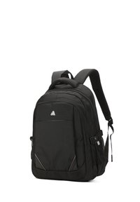 Zaino nero in nylon, dotato di schiena imbottita, spallacci regolabili e vari scomparti con zip. Dettagli argento sulla parte anteriore.
