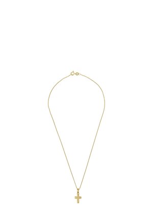 Gold necklace with a fine chain and a small, polished cross pendant. Simple design, smooth texture, and a secure lobster clasp.