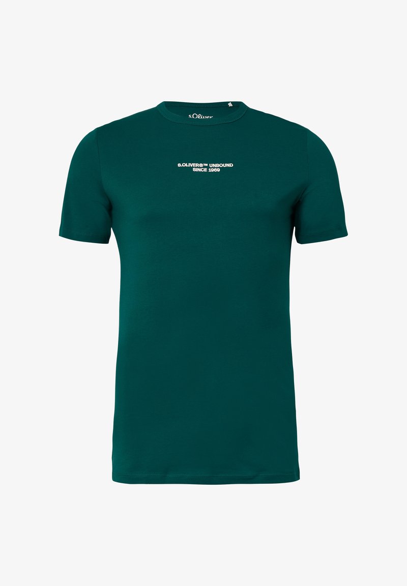 Dark green short-sleeve crew neck t-shirt with white text "s.Oliver™ Unbound Since 1969" centered on the chest.