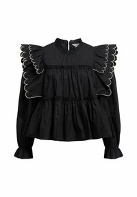 Blusa nera con maniche a volant, bordi ondulati, corpo arricciato, colletto alto e polsini elasticizzati. Tessuto liscio con rifiniture a contrasto.