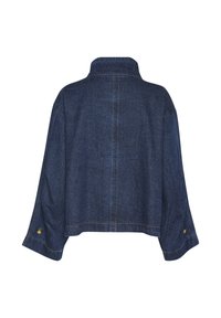 Denim jacket in dark blue with a cropped fit, featuring a high collar, wide sleeves, and gold button accents on the cuffs.