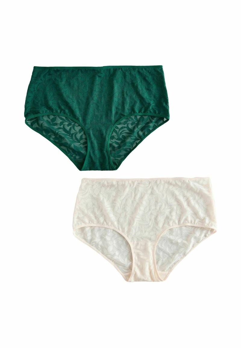 Grüne und cremefarbene Spitzenunterwäsche mit hoher Taille und floralem Muster. Weiches, durchsichtiges Material mit elastischem Bund und Beinöffnungen.