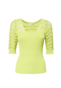 Limettengrünes, geripptes Strickoberteil mit kurzen, durchsichtigen Zickzackärmeln und weitem Ausschnitt. Der Stoff hat eine weiche Textur mit subtiler Glanz.