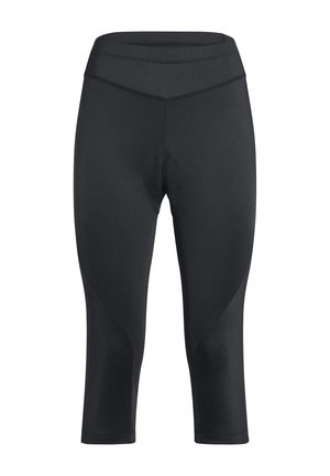 Black padded cycling shorts with a high waistband and knee-length cut, designed for comfort and support during rides.