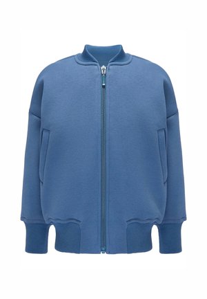 Niebieska kurtka bomber zapinana na zamek, z prążkowanym kołnierzem, mankietami i dołem, z bocznymi kieszeniami i gładką, pikowaną fakturą.
