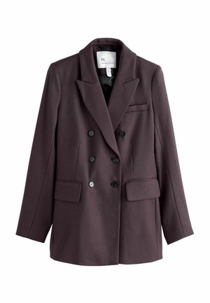 Double-breasted blazer in dark burgundy. Made of textured fabric, featuring black buttons, two front pockets, and a notched collar.
