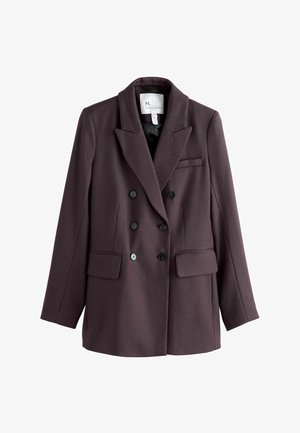 Double-breasted blazer in dark burgundy. Made of textured fabric, featuring black buttons, two front pockets, and a notched collar.