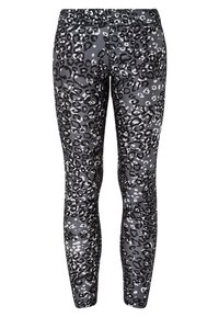 Leggings en negro y gris con un patrón de estampado de leopardo, con una tela suave y elástica y una cintura elástica.