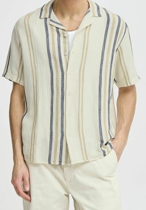 Homme portant une chemise à manches courtes boutonnée avec des rayures verticales beige, marron clair et bleu marine, associée à un pantalon de couleur claire et un collier en chaîne en or.