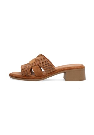 Brun åben tå slide sandal med vævede øvre stropper og en lav blok hæl på en hvid baggrund.