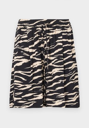 Čierne a béžové šortky s tiger pásikmi, elastickým pásom a sťahovacou šnúrkou. Ľahká látka s voľným strihom a záhybmi.